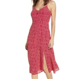 Row A Red Polka Dot Slit Midi Slip Sun Dress Small Knee Length Spaghetti Strap